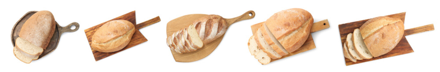 Fresh bread isolated on white, set. Top view