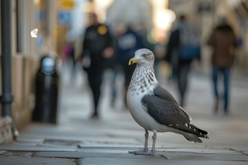 Seagull is standing on a sidewalk in a busy city street, looking around