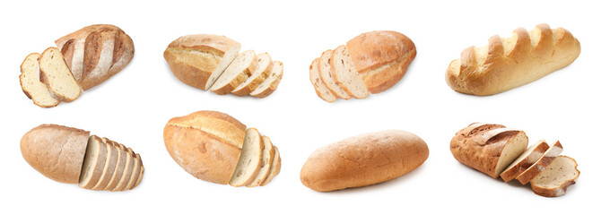 Fresh bread isolated on white, collage. Whole and cut