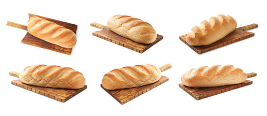 Loaves of fresh bread isolated on white, collage