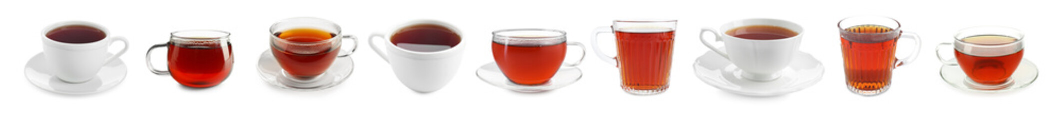 Tea in different cups isolated on white, set