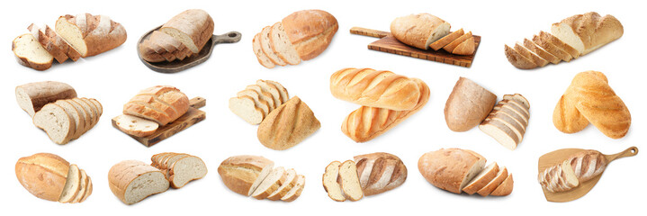 Different types of fresh bread isolated on white, collage