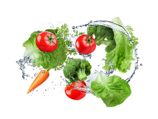 Fresh vegetables and water splashes in air on white background