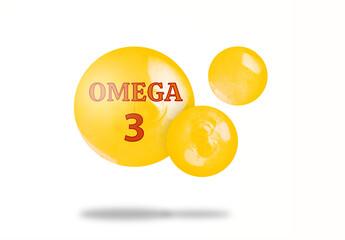 Yellow drops of Omega-3 in air on white background