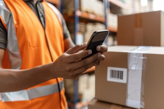 Warehouse worker using smartphone for inventory management