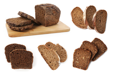 Different cut fresh bread isolated on white, collage