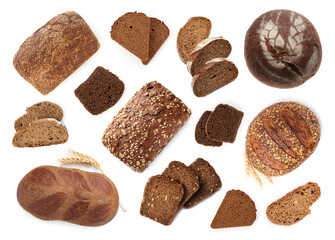 Freshly baked bread on white background, collage. Top view