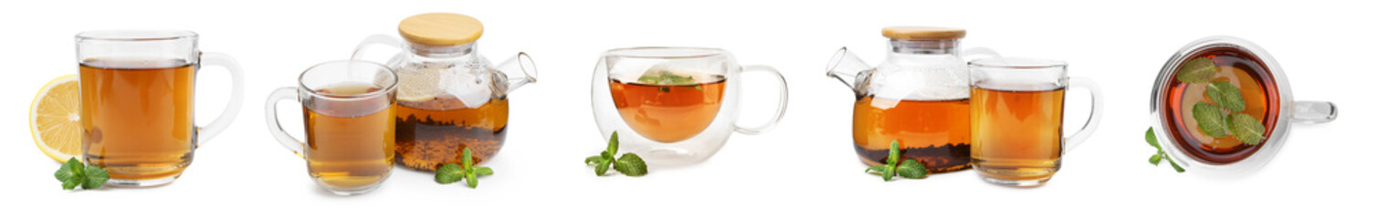 Mint tea isolated on white, set. Top and side view