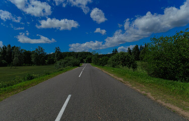 Fototapeta premium Road view on a summer day. Highways and roadside, white road line markings. 