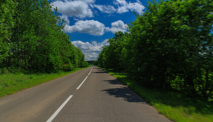 Fototapeta premium Road view on a summer day. Highways and roadside, white road line markings.