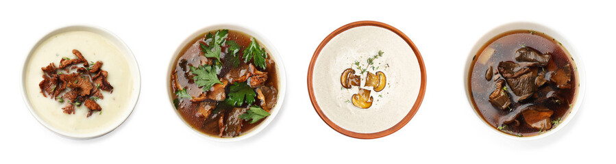 Delicious mushroom soups on white background, set. Top view