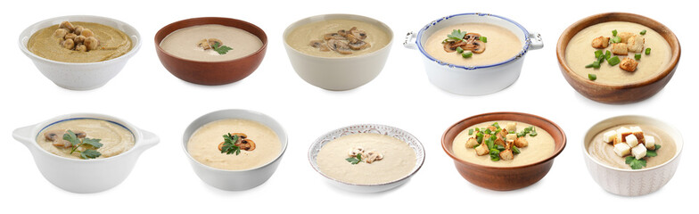 Delicious mushroom cream soups on white background, collage
