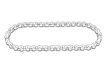 Detailed Roller Chain Technical Line Art Illustration: Engineering Schematic Blueprint of an Industrial Mechanical Power Transmission Component, Monochrome Outline Vector Design Element Graphic.