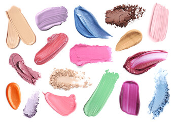 Different makeup products on white background, set. Palette of decorative cosmetics