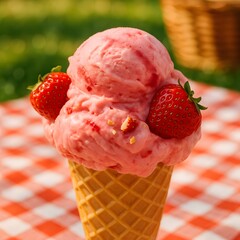 Delicious strawberry ice cream in a waffle cone, topped with fresh strawberries. The perfect summer treat for a picnic.