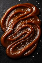 Delicious salted caramel swirls decorated with sea salt crystals on a dark background. Ideal for confectionery and culinary projects.
