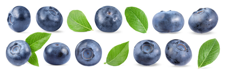 Fresh blueberries and green leaves isolated on white, collage