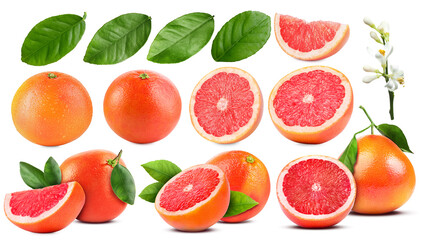 Fresh grapefruits and green leaves on white background, collage
