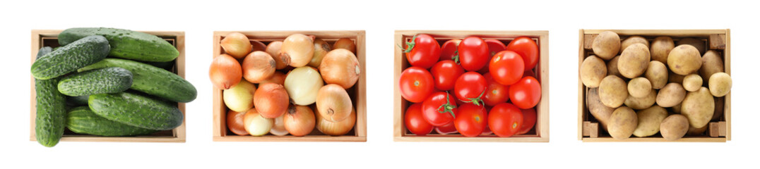 Different fresh vegetables in wooden crates on white background, set. Top view