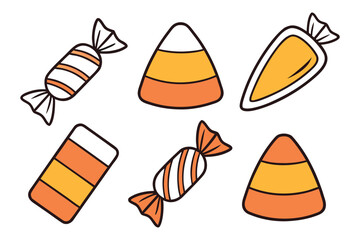 Orange white yellow candy corn and wrapped sweets halloween treat