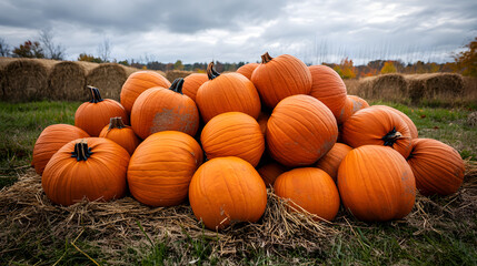 Pumpkin Season, a pile of vibrant orange pumpkins at a countryside roadside stand, surrounded by hay bales and fall foliage
