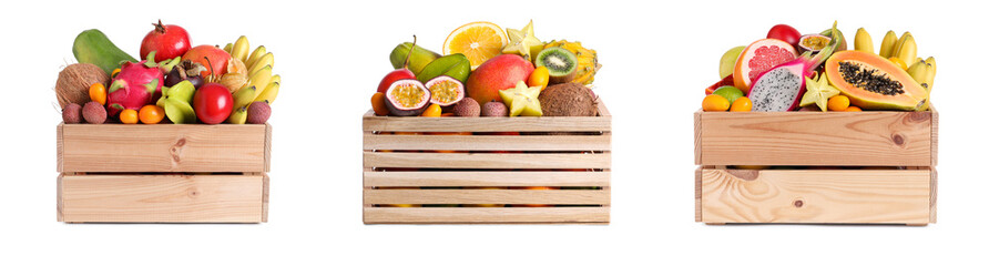 Different fresh fruits in wooden crates isolated on white, set