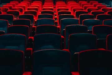 Rows of red and blue empty seats await the audience in a dark movie theater, ready for a film screening