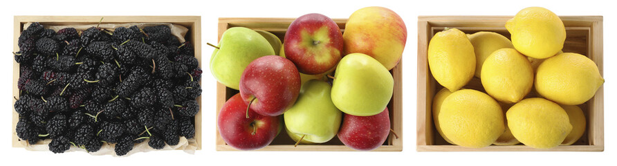 Different fresh fruits in wooden crates isolated on white, set. Top view