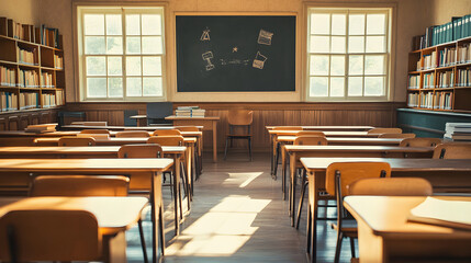 Obraz premium Classroom Ready, a tidy classroom interior with empty wooden desks, a chalkboard with simple welcome drawings, books and school supplies