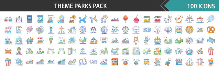Theme Parks & Amusement Park Attractions Vector Icons Pack - Flat Design Illustrations for Entertainment & Family Fun