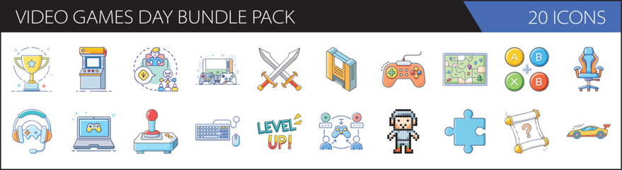 Video Games Day Bundle Pack - Gaming, Entertainment, and Digital Play Vector Icons Collection