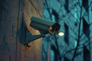 Modern security camera actively monitoring urban environment at dusk, ensuring safety and surveillance