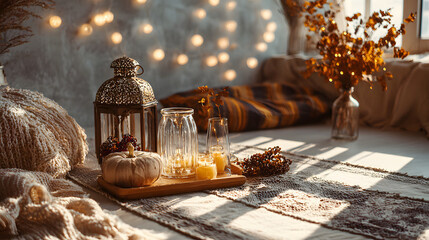 Fall Aesthetic, elegant indoor party or event setup with ornate fall decorations, fairy lights, rustic textiles, warm tones and cozy atmosphere