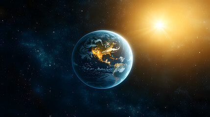 Obraz premium distant space scene with Earth aligned perfectly in its orbit during equinox, sunlight bathing both poles evenly, detailed curvature of the planet