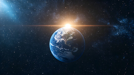 Earth in orbit with sun positioned directly behind equator, space background with stars, equal illumination of both hemispheres, balanced cosmic light