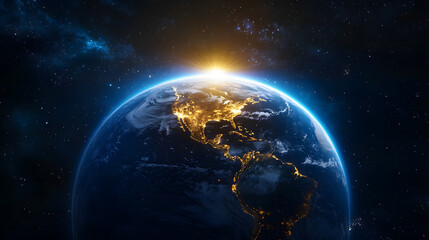 Obraz premium Earth during equinox as seen from space, sunlight evenly split between hemispheres