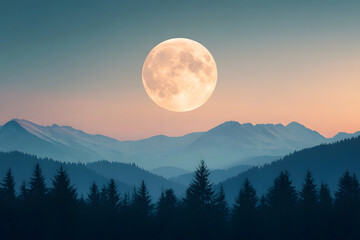 full harvest moon rising behind mountain ridge, detailed texture of moon surface