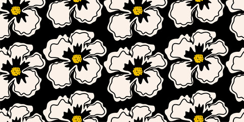 Tropical summer flower pattern seamless. black and white daisy flowers Hand drawn for textiles, wallpaper, wrapping paper, fabric, fashion, design background vector illustration