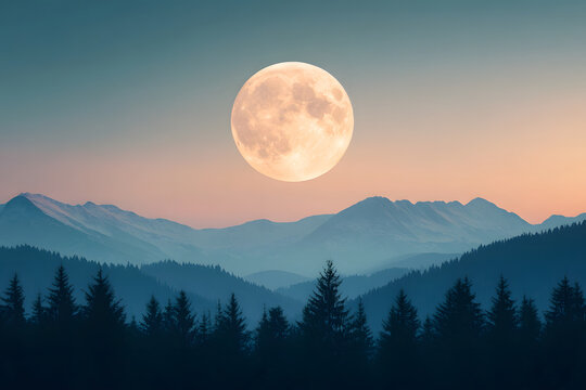 full harvest moon rising behind mountain ridge, detailed texture of moon surface - Powered by Adobe