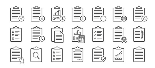 Clipboard, checklist, report, survey, and agreement icons in editable stroke outline style, flat vector illustration. on white background.