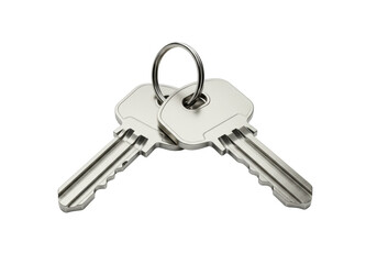 Two silver metal keys with distinct teeth and a polished, seamless circular metal key ring, perfectly lit on a transparent studio background with no shadows. Concept of pristine quality and precision