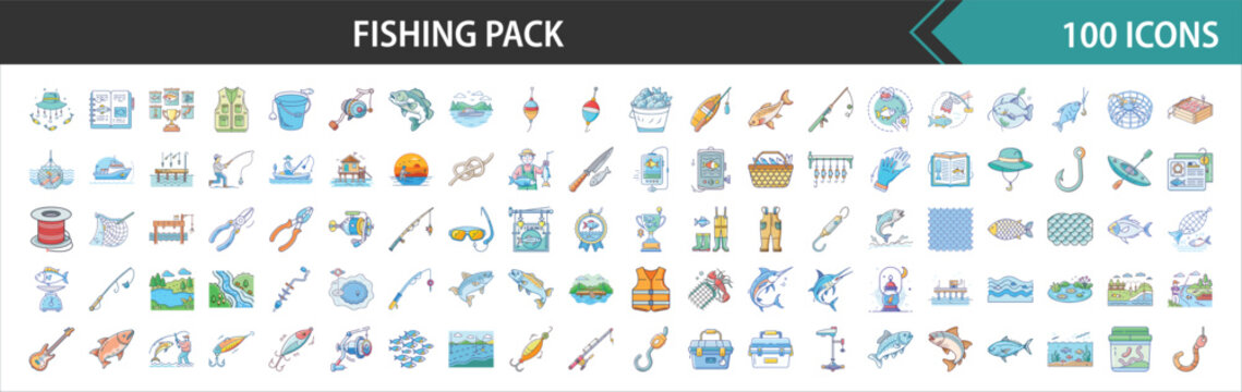 100 Fishing Icon Pack - Comprehensive Angling, Fishery, and Outdoor Adventure Vector Illustrations Set
