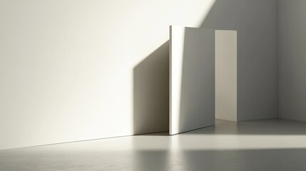 Sunlight casts a shadow on a blank white room.