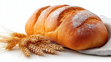Rustic freshly baked bread with wheat stalks on a cloth background