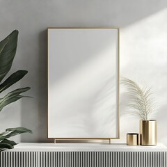 Elegant blank frame rests on a table with decorative plants and soft shadows creating a modern and serene interior aesthetic.