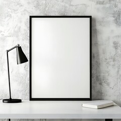 Minimalist mockup with frame and lamp on table against a textural wall, perfect for showcasing art or design in a modern space.