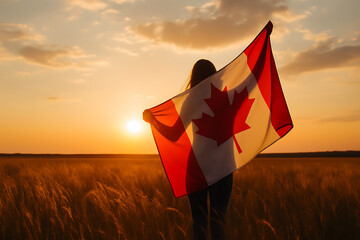 "Person Holding Canadian Flag in Sunset Field – Patriotic Back View Landscape Photo"