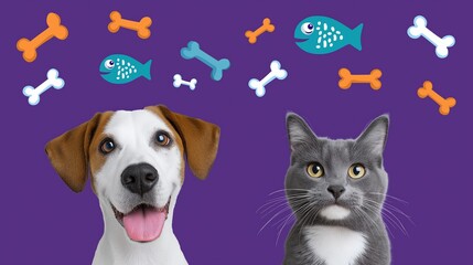 Happy dog and curious cat with floating fish and bones on purple background