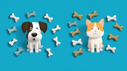 Cute cartoon dog and cat surrounded by colorful bones on blue background