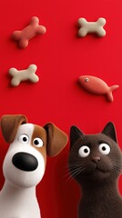 Fototapeta premium Animated cat and dog looking up at treats on a red background
